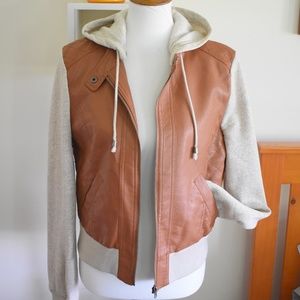Combo Leather Jacket w/ Sweatshirt Sleeves + Hood